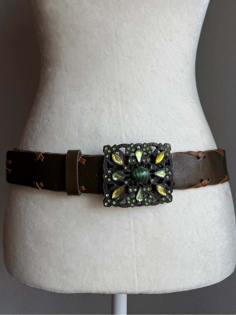 Vintage Brown Belt Green Jeweled Statement Buckle Boho Western Cottage